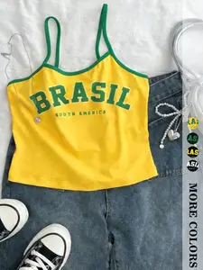 Women's Loose-Fit Letter Print Tank Top, Casual Brazil World Cup Backless Vest, Comfortable Sleeveless Summer Shirt