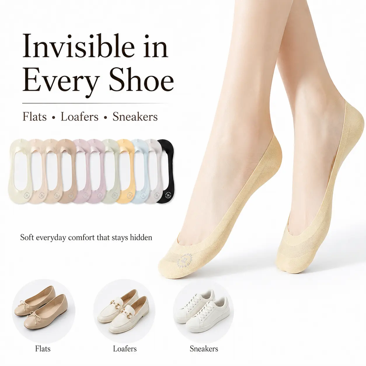 Women's Classic Glam No Show Socks, Breathable Cotton with Terry Bottom, Soft Cushioned Heel and Anti-Slip Grip for Flats and Sneakers