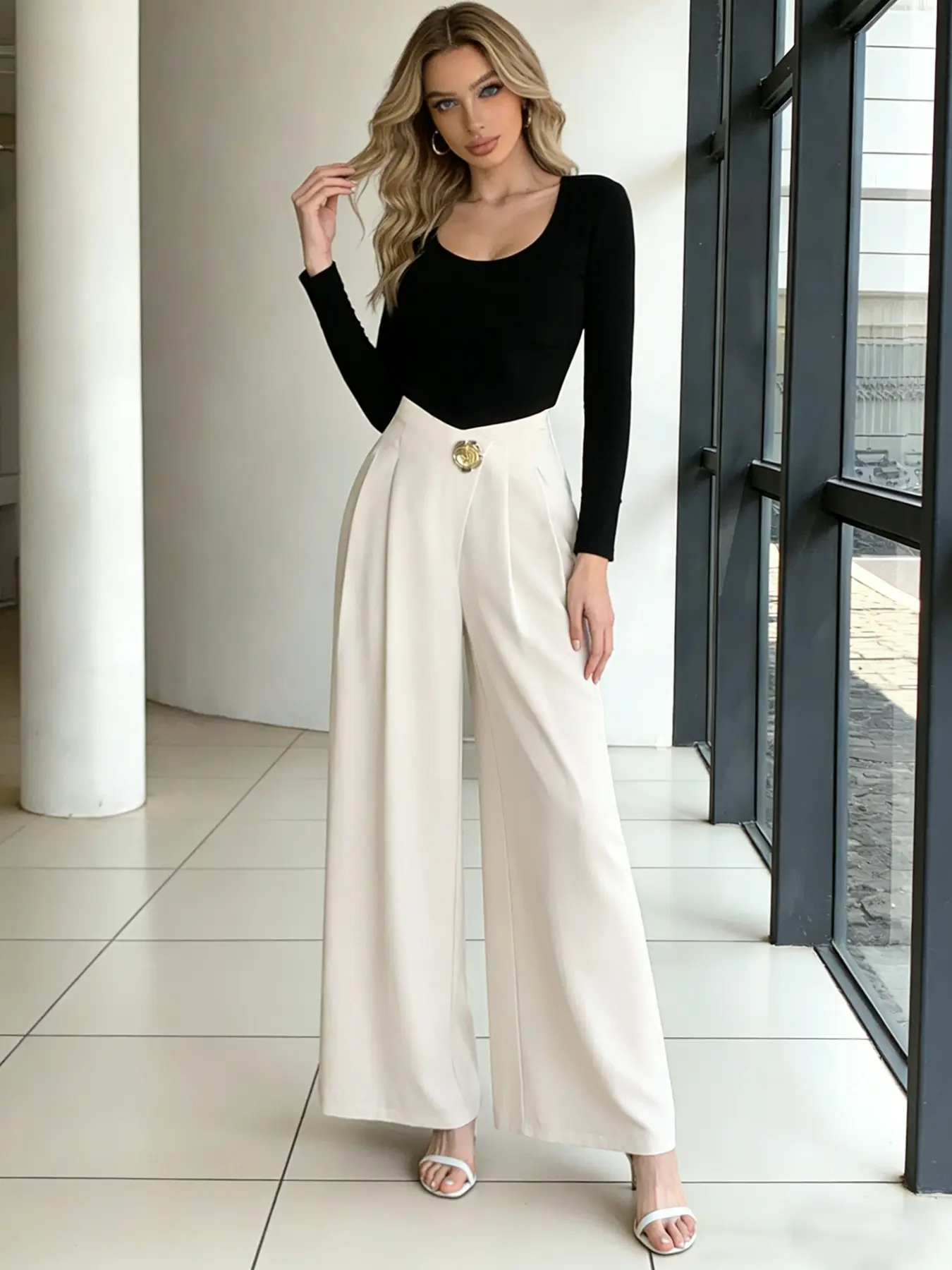 A stylish peach-colored high-waisted wide-leg pants for women, a sleek slim-fit office suit pants, a unique design casual long trousers suitable for all seasons, perfect for home, indoor, and outdoor wear