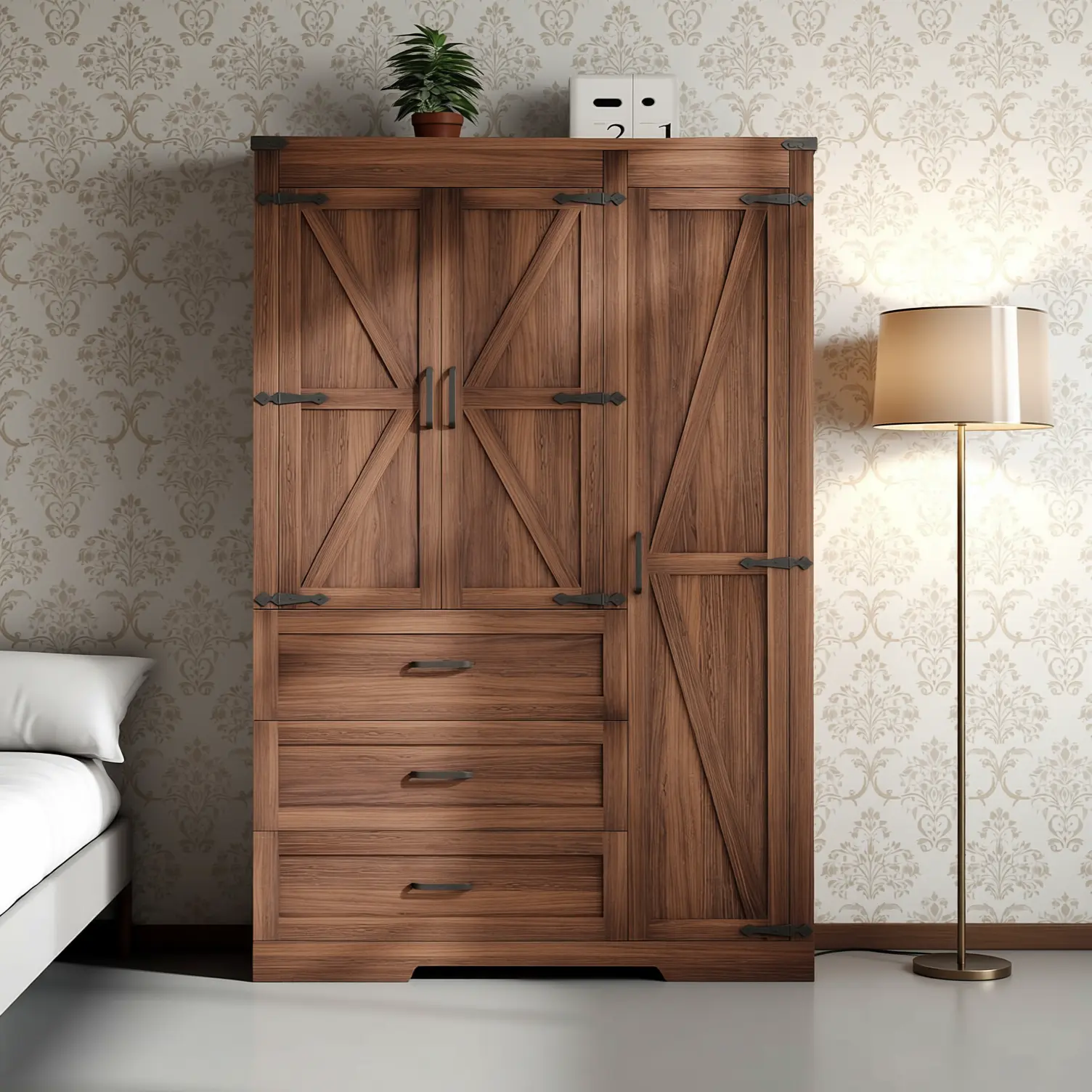 70" Tall Farmhouse Wardrobe Closet with 3 Doors & 3 Drawers, Wooden Freestanding Armoire with Hanging Rod, Stable Clothing Storage Cabinet for Bedroom, Brown