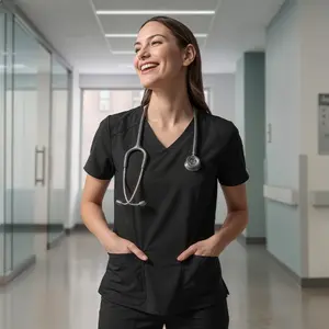 NY Threads Women's Scrub Top Short Sleeve V-Neck Medical Nursing Uniform Stretch Workwear Multiple Pockets
