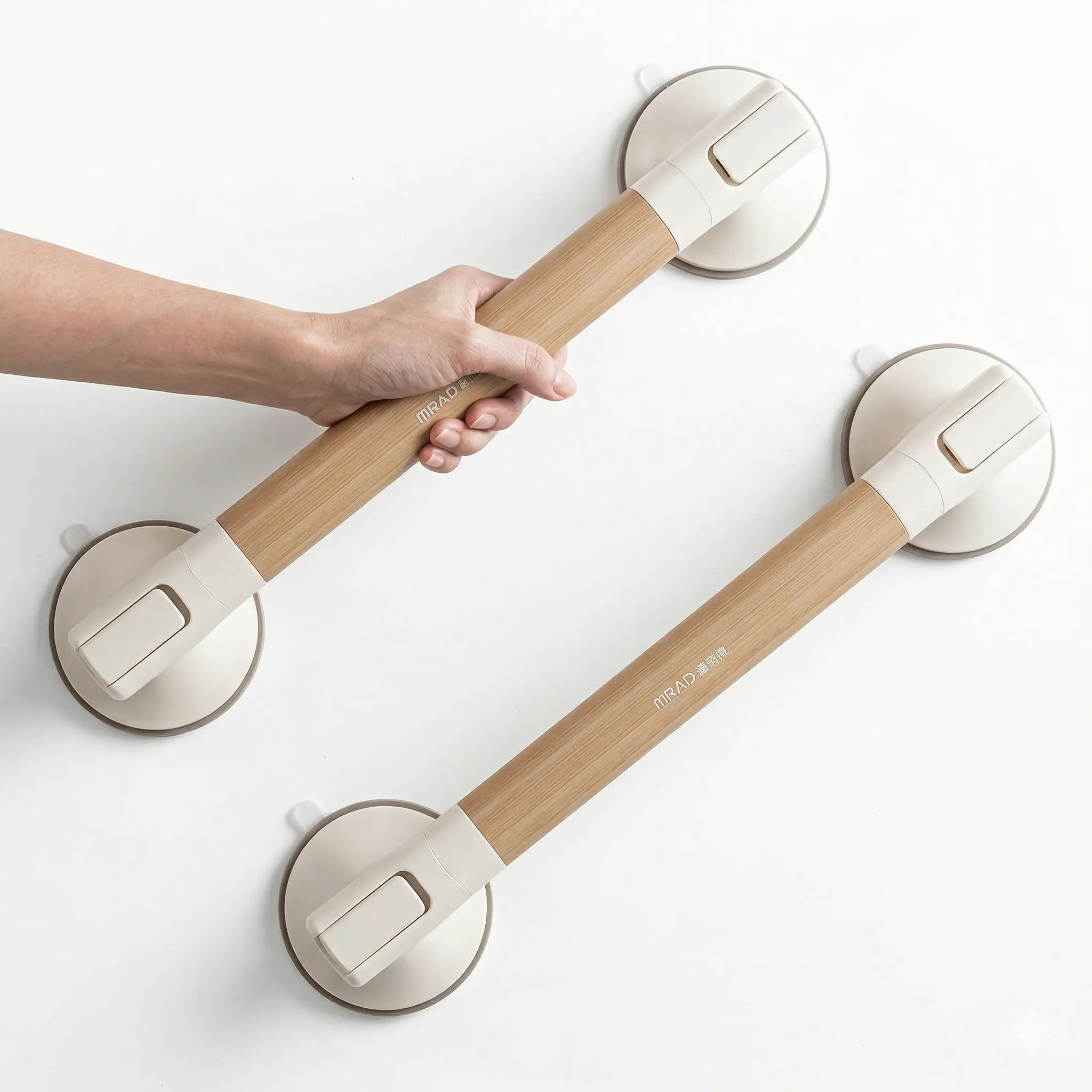 2 Pack Shower Grab Bars for Bathtubs and Showers - 16.5" Suction Cup Shower Handles, Wood Grain & White Safety Handrails for Bathroom, No-Drill & Waterproof, Heavy Duty Support for Seniors & Elderly