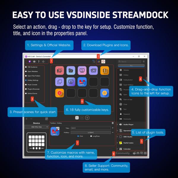 VSDINSIDE Gaming keyboard Stream Controller Stream Deck with RGB 18 Macro LCD Keys, Streaming Keyboard with Trigger Actions in OBS/Twitch/YouTube, Shortcut Buttons Keypad Works with Mac and PC