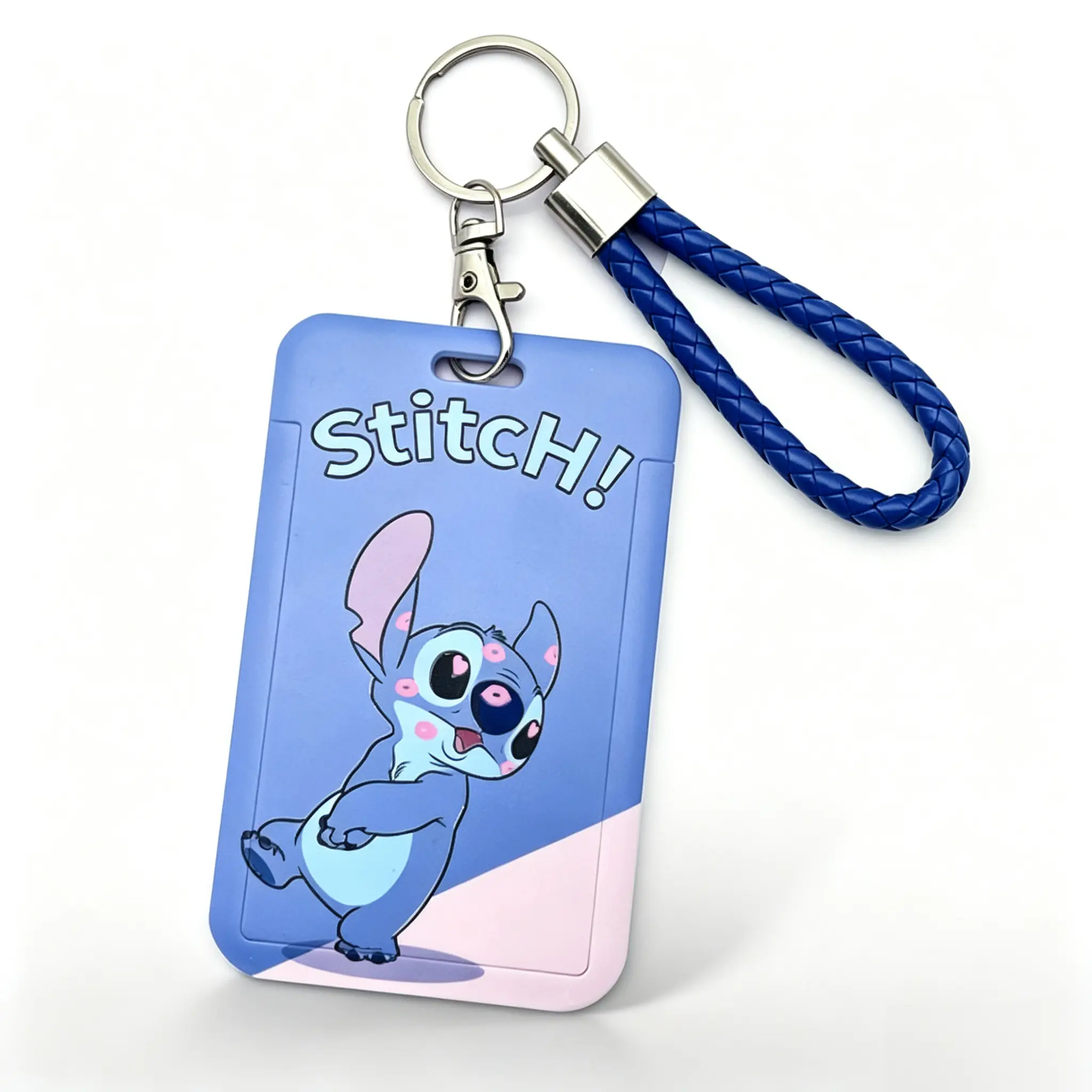 Disney Stitch & Angel Card Holder Keychain with Braided Wrist Lanyard, Hard ID Badge Case for Bus Work Student Card, Cute Character Accessory, Ideal Gift for Couples & Girls