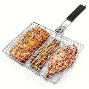 Foldable BBQ Grill with Detachable Handle, Stainless Steel, Barbecue, Ideal for Outdoor Cooking, Multi-Functional for Fish, Chicken, Meat, Kitchen Accessories, Portable Bbqs