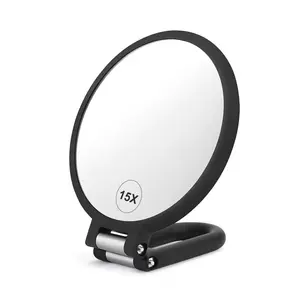 Double-Sided Magnifying Handheld Mirror, 6 Inch Round Mirror, 1x & 15x Magnification, Travel Folding Adjustable Rotating Base, Portable Makeup Mirror