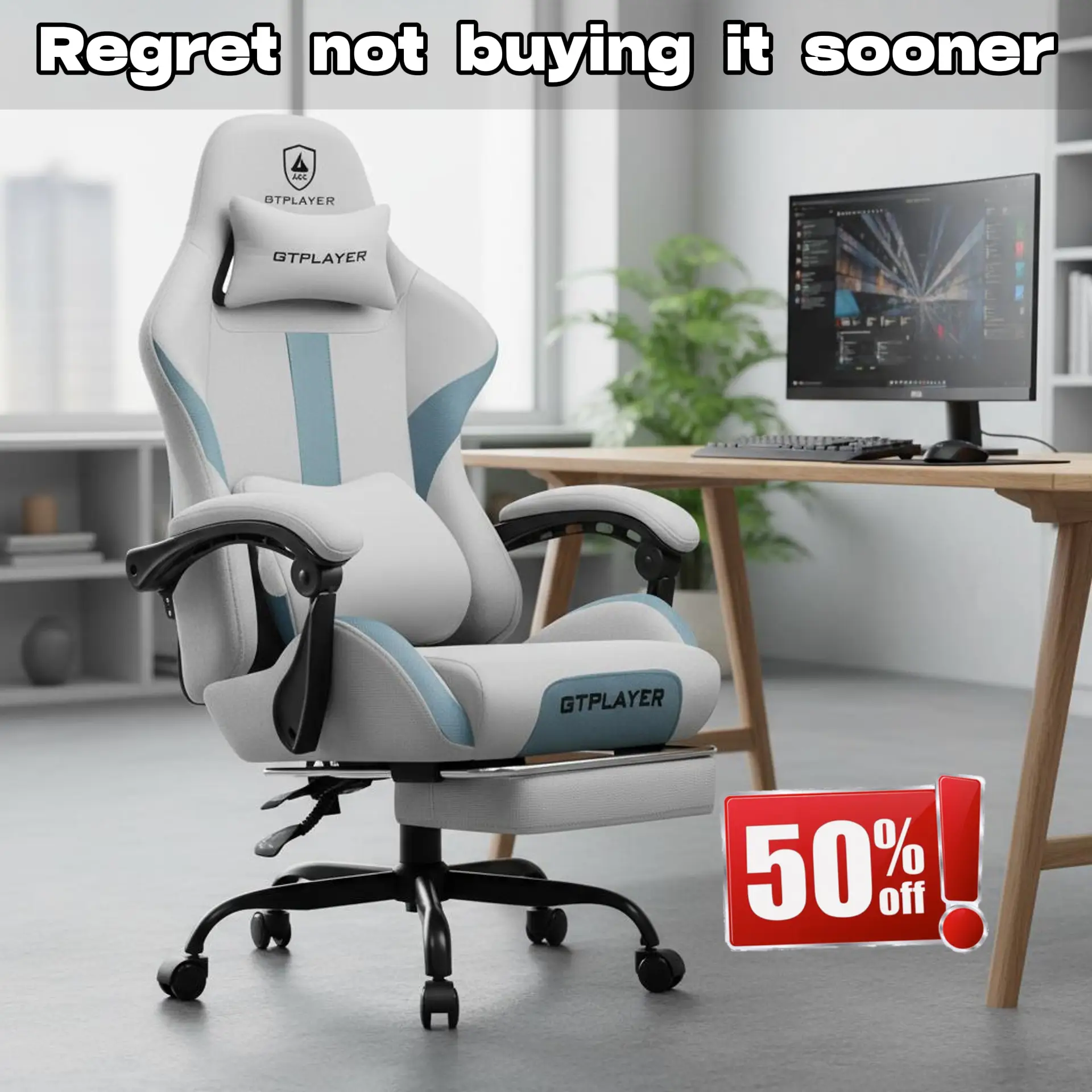 【Dealsforyoudays】GTPLAYER Gaming Chair with Footrest, Fabric Office Chair with Pocket Spring Cushion, Memory foam lumbar pillow, High Back Computer Ch
