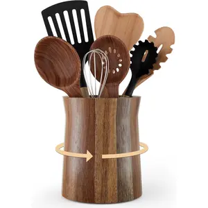 Utensil Holder, Acacia  Utensil Holder for Kitchen Counter, 360? Rotating Cooking Utensil Crocks for Countertop, 7.2" Large Utensil Organizer for Spatula Storage