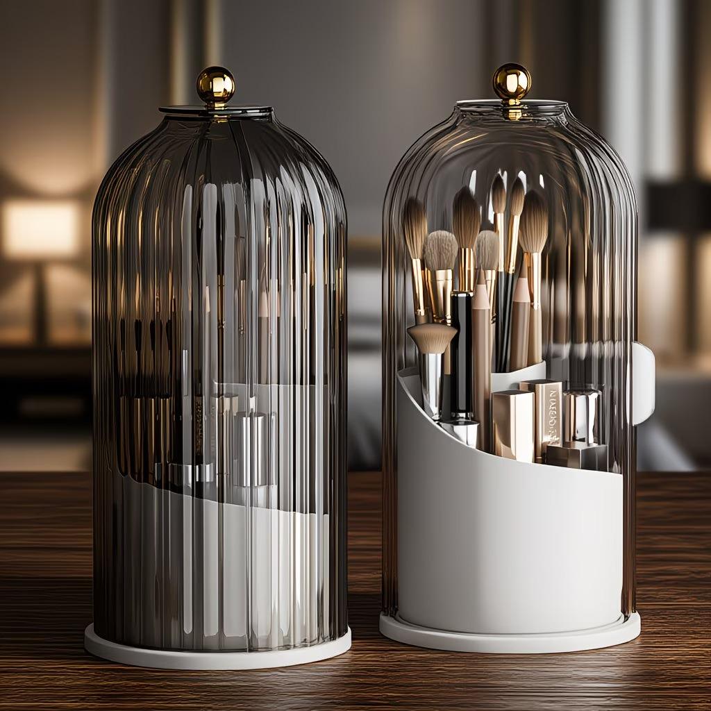 Toothbrush Holders with Sliding Lid Rotating 3 Slots Bathroom Organizer Countertop Grey ABS Material Anti-slip Drainage Vanity Makeup Brushes Organizer Pad Accessory Modern