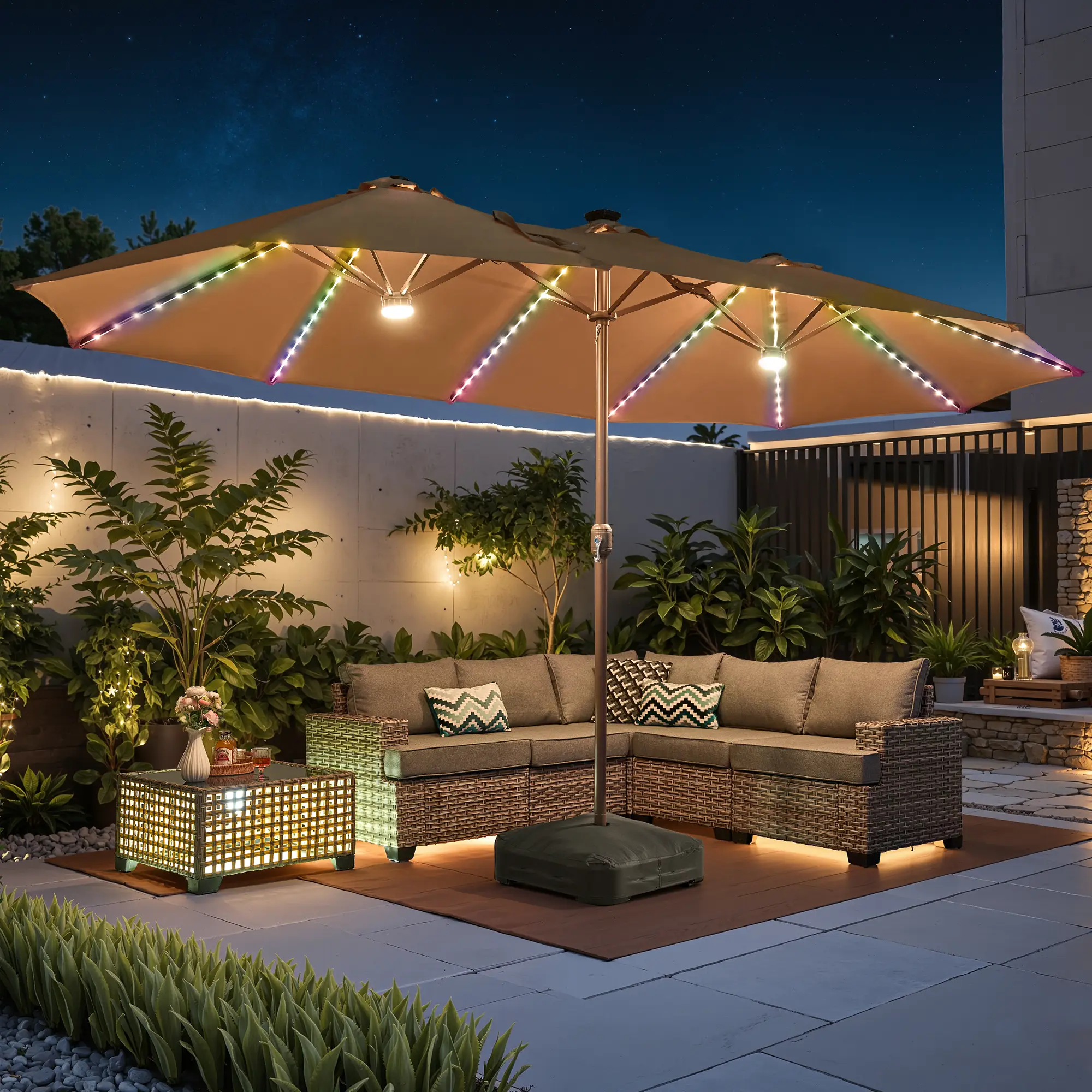 OOSWIFT 14.5 ft Large Patio Umbrella with SolarLED Lights & Base, Extra Large Outdoor TwinUmbrella w/36 Lights, for Patio Garden Pool LawnBackyard,Bas