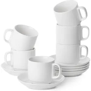 Stackable Tea Cups and Saucers, White, Set of 6 (8 oz), Cappuccino Cups, Coffee Cups, White Tea Cup Set, British Coffee Cups, Porcelain Tea Set, Latte Cups