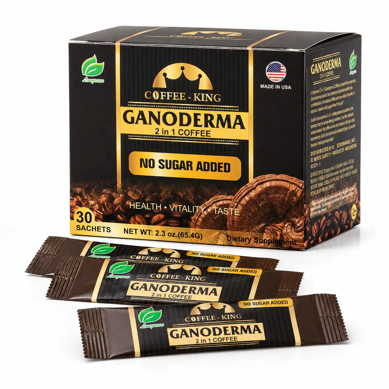 Longreen Coffee King 2-in-1 Ganoderma Reishi Instant Coffee Mix, No Sugar Added, 30 Individual Sachets, 2.3 oz