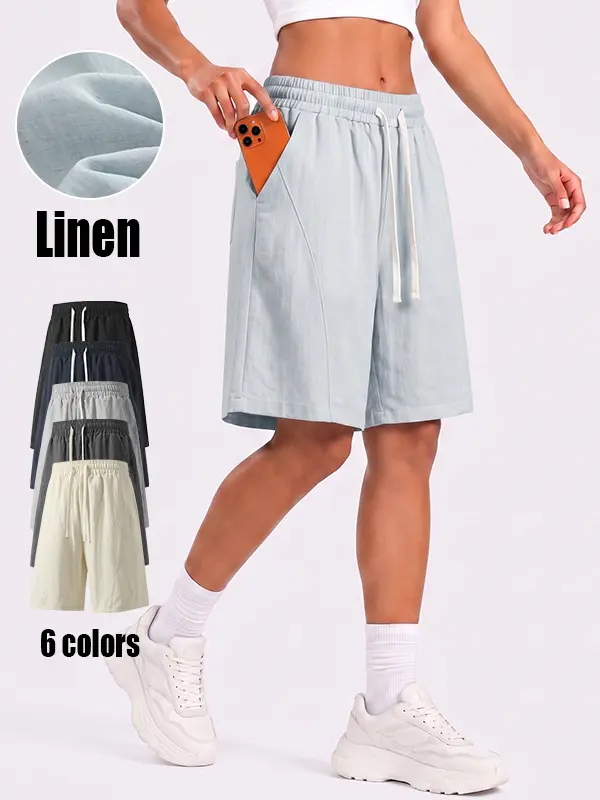 Women Linen Blend Bermuda Shorts, Lightweight Quick-Dry Summer Thin Breathable, Elastic Waist Drawstring Loose Knee Length, Casual Jogger Shorts with Pockets