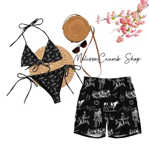 Vintage Yeehaw Ranch Life String Bikini Set-Swim Bra & Tie Side Thong Bikini+ Men's Beach Shorts, Bathing Suits,  Summer Vacation Swimsuit, Hawaiian Shirt Style, Aloha Beach Outfit, Casual Holiday