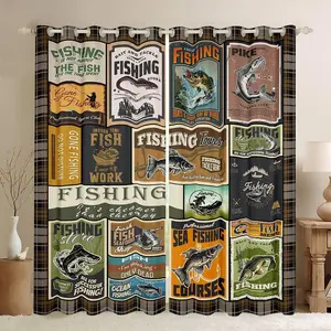 Fish Curtains,Vintage Fish Stamp Pattern Curtains,Girls Fishing and Hunting Brown Green Darkening Dreapes,(2 Panels) 30%-50% Blackout