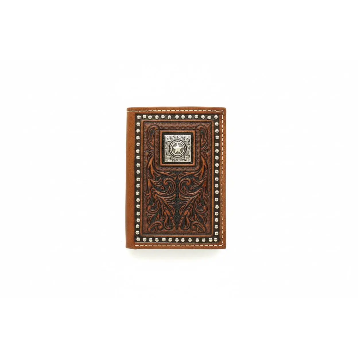 Men's Nocona Western-Inspired Tri-Fold Leather Cowboy Wallet - Embossed with a Star Concho, Detailed Embossing Men's Wallet, Cowboy Men's Wallets, Detailed Men's Wallets