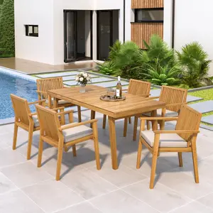 Durable 7 - Piece Patio Furniture Set Acacia Wood Table and 6 Heavy-Duty Cushioned Chairs, Natural