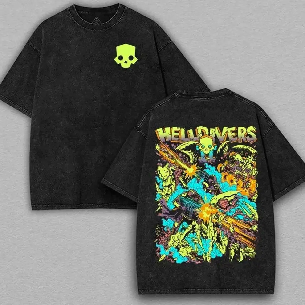 Helldivers 2 gold v4 art The Taste of Freedom Game Washed Tshirt, Hoodie Oversize 2 Sided Cotton unisex graphic game movie Tops graphic tee game acid wash helldivers shirt QSW