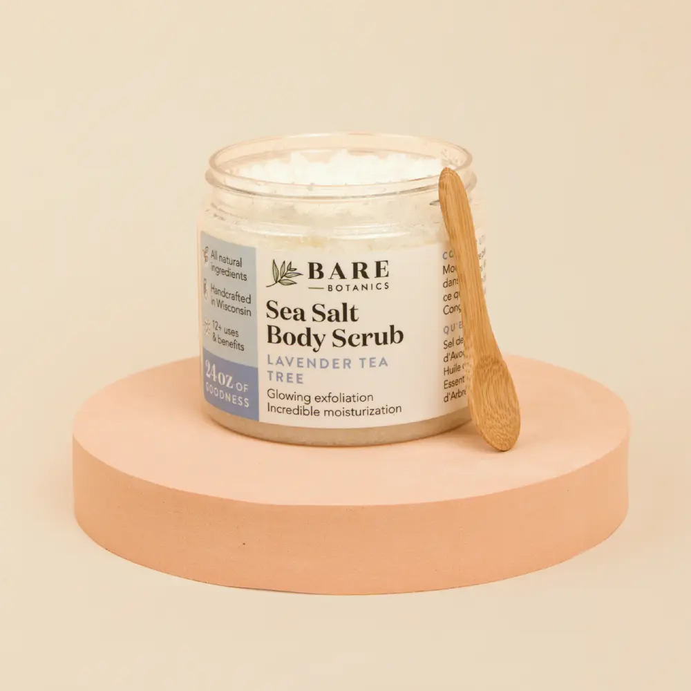 Bare Botanics All Natural Sea Salt Body Scrub 24 oz Lavender Tea Tree, Double Exfoliating & Ultra Moisturizing Hydrating Skin Polish with Jojoba, Argan & Shea Butter, Vegan & Cruelty-Free