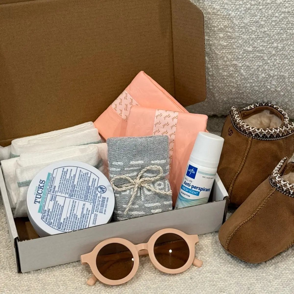 Postpartum Care Package - Mesh Briefs, Non Slip Socks, Absorbent Pads, Soothing Witch Hazel, Antiperspirant for Comfort and Support