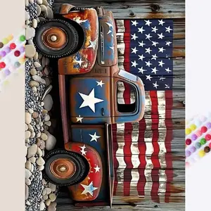 5D DIY Diamond Painting Kit, Vintage Truck Design, Star Flag Pattern, Full Round Drill Mosaic Art, Home Decor Gift, Handmade Craft Set, Fun Project
