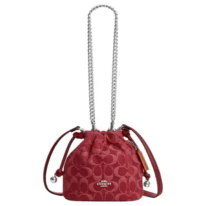 COACH Faye 17 Drawstring and Magnetic Closure Denim Crossbody Bag for Women, Small Size, Red