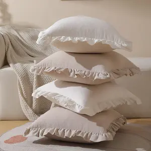 Soft Comfortable Plain Color Sofa Seat Cushion Cover Set, 2 Piece Wood Trim Ruffle Lace Pillow Case, Cozy Home Decor Accessories