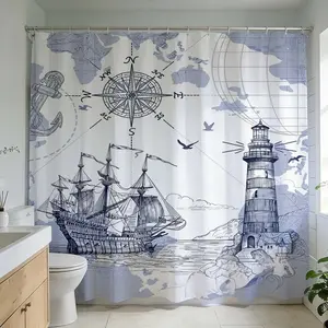1 Pc Nautical bathroom decor lighthouse and compass design on shower curtains perfect for ocean themed bathroom renovations maritime patterns coastal aesthetics enhance bathroom, Waterproof shower curtain