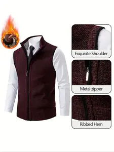 Men's New Zipper Vest Waistcoat, Warm Fashion Polyester Fabric, Suitable for Fall & Winter Outdoor Indoor Wear, Plain Design, Fitted Style
