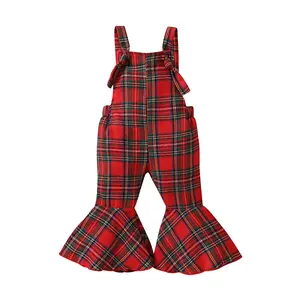Kids Toddler Baby Girls Christmas Romper Sleeveless Adjustable Strap Plaid Jumpsuit Backless Bell-bottom Pants