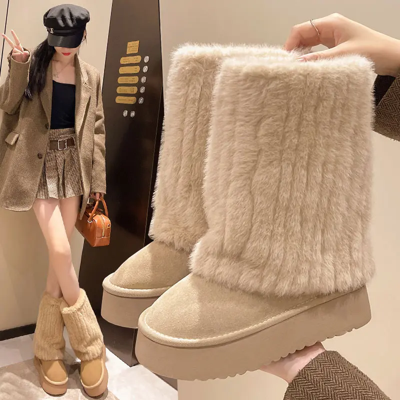 [Winter Fleece Boots] Women'S Milky faux fur-Like PVC Winter Snow Boots with Fleece Lining & Thickened Cushioned Insole - Mid-Calf Height-Increasing Warm Boots, Non-Slip Rubber Sole & faux fur Collar for Cold Weather, Hand Washable