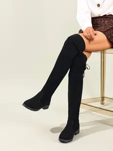Women's Fashion Over-The-Knee Boots, Back Bow Decor, Comfortable Mid-Heel Shoes, Casual Trendy Footwear for Various Occasions, Rubber