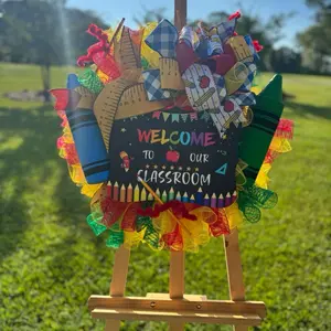 Welcome School Teacher Door Wreath with Colorful Crayons and Pencils Design for Classroom Decor