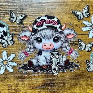UVDTF Wrap Highland Cow Hot Mess 16oz Can Glass Mug Tumbler Wrap, Ready to apply, Permanent Waterproof Adhesive