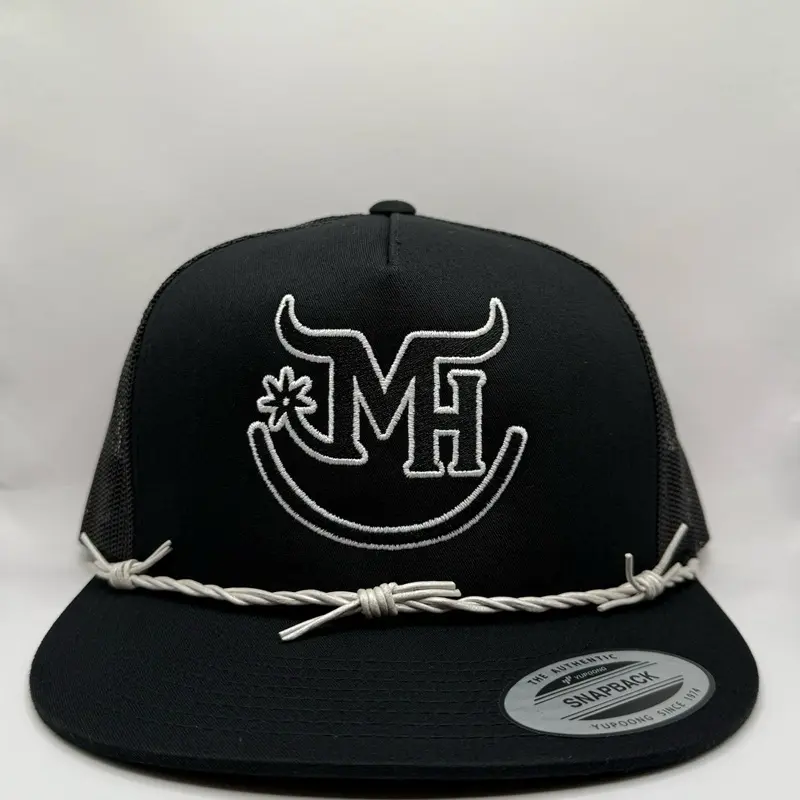 Branded Spurs - Black Snapback with White Logo and Rope Detailing