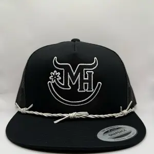 Branded Spurs - Black Snapback with White Logo and Rope Detailing