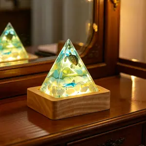 Ocean Resin Night Light, Pyramid Turtle Ambiance Lamp, Handmade Epoxy Resin, USB Powered LED, Bedroom Desk Decor, Dive Enthusiast Gift