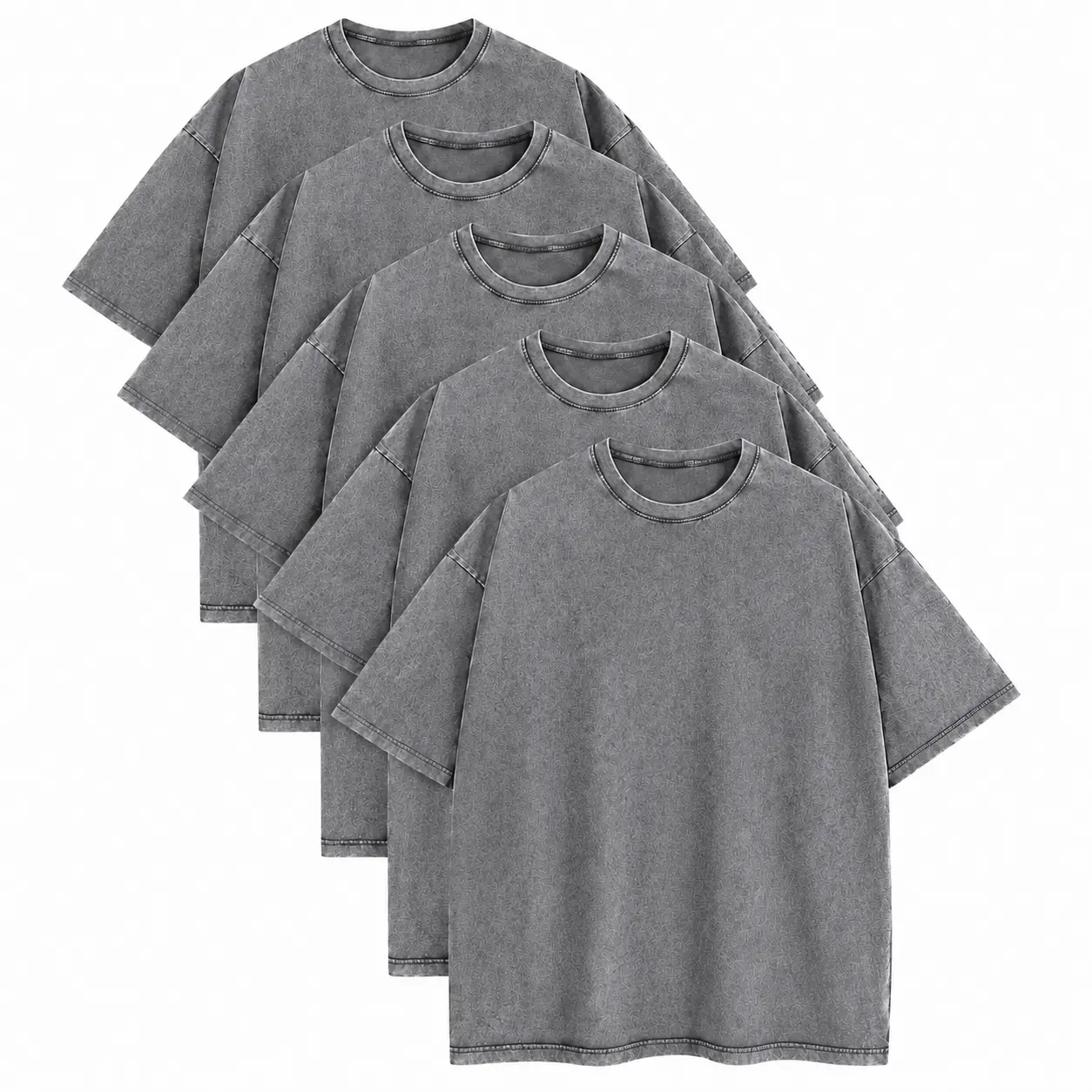 Men's 5-Pack 100% Cotton Vintage Washed Solid Black Oversized Half-Sleeve Foldable Breathable T-Shirts - Casual Streetwear Layer Tops, Ideal for Fathersday, Unisex Childrens Day Gifts, Chinese New Year, Drop Shoulder, Athletic, Everyday