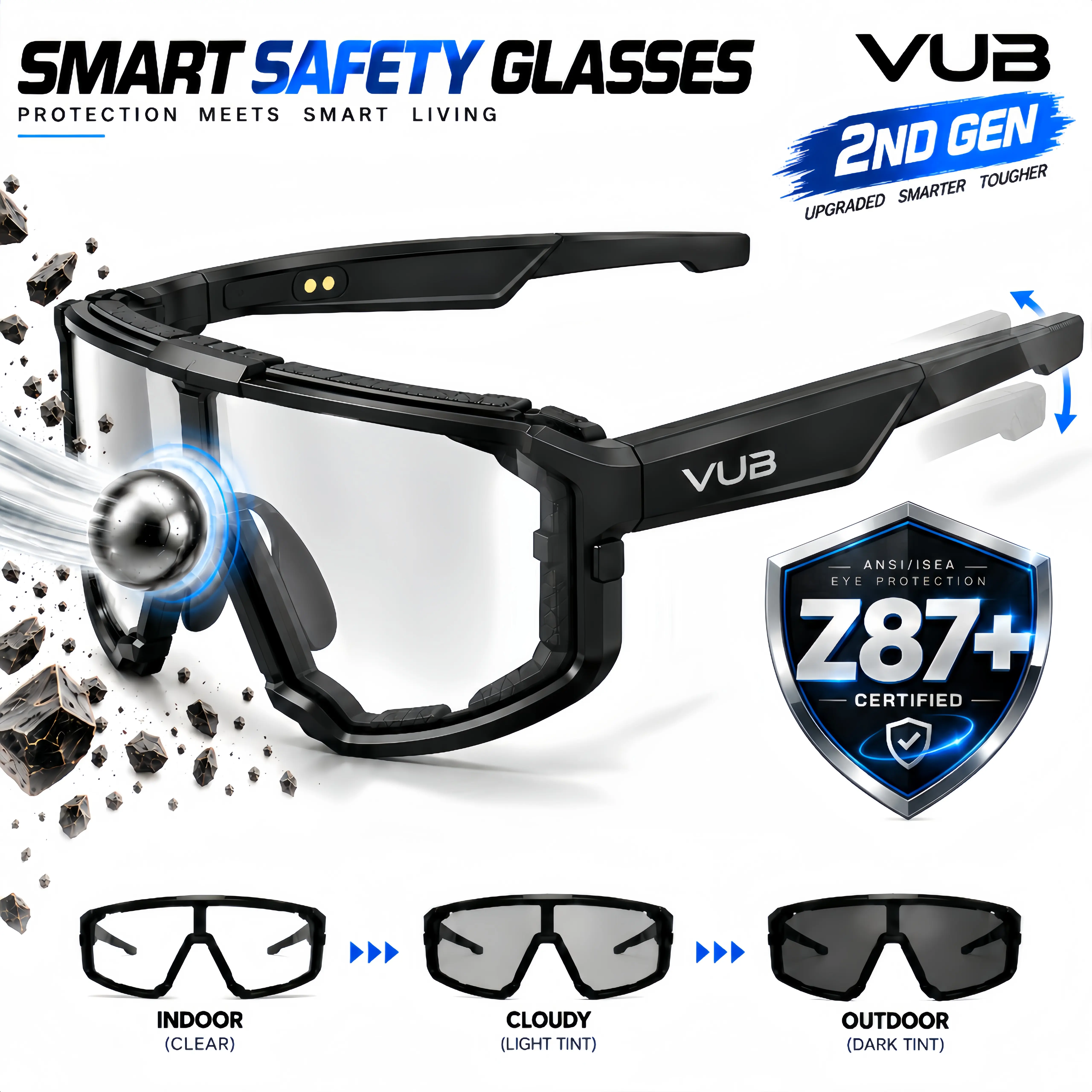 VUB Z87+ Smart Safety Work Glasses - Wireless Translation Smart Glasses, High-Impact Protection, UV400 Photochromic Lenses, Bluetooth Calls & Music, AI Translation, Prescription Ready, Adjustable Fit, Techvibes