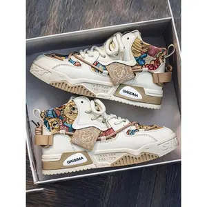 Men's Lace-Up Thick Sole Fashion Color Block Sports Sneakers, Breathable High Top with Bear Print, All-Season Comfort and Style, Footwear Sneakers