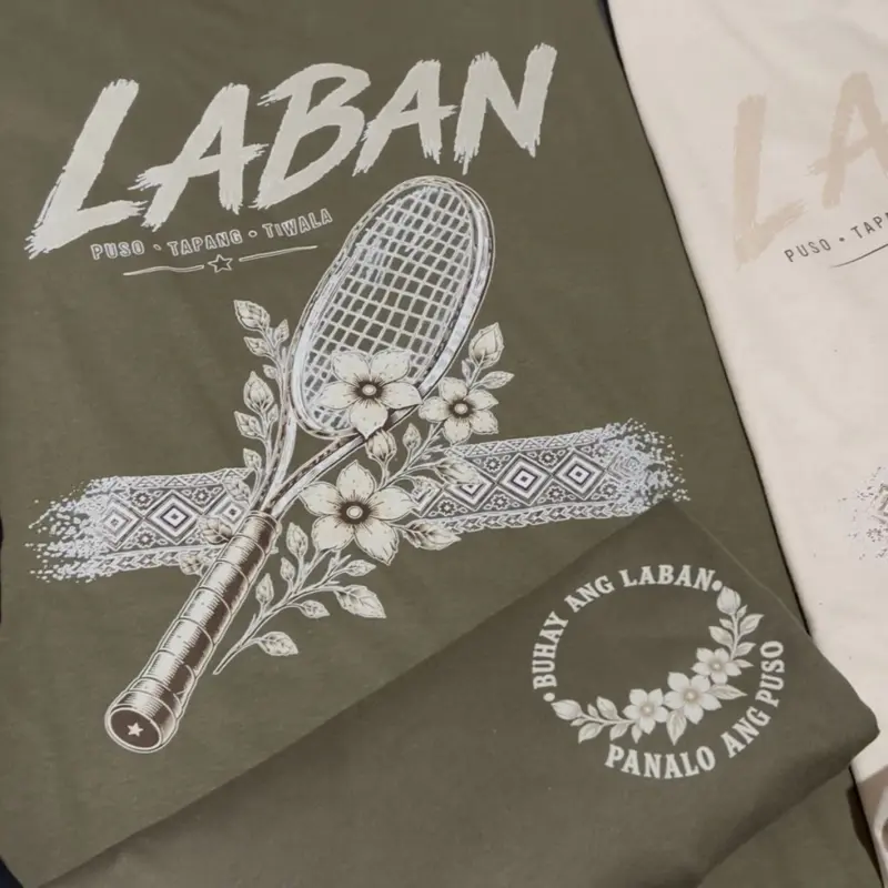 Filipino Tennis Shirt, Buhay Ang Laban Panalo Ang Puso Tee, Sampaguita Barong Inspired Racket Design