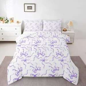 Fantasy Ribbon Bow Comforter Set,Purple Bow Bedding Set for Kids Girls Boys,Dreamy Preppy Coquette Comforter,Cute Aesthetic Geometric Quilt Skin Friendly Soft Lightweight Floral Print Blanket