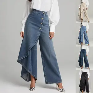 Unique Straight-leg Pants Fashion Large Ruffled Buttons Trousers Women's Faux Jeans Clothing