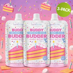 3pk Birthday Bash Buddy Budder Squeeze Pouch (4oz each)- All Natural Dog Peanut Butter, Perfect with Dog Enrichment, Treating, Training, Traveling
