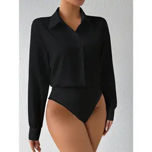 Button Front Long Sleeve Bodysuit,Elegant Solid Color Collared Bodysuit,Women's Clothing Womens wear Tops