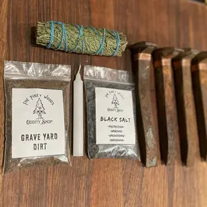 The Piney Woods Oddity Shop Iron Protection Kit - Rail Road Spikes with Grave Yard Dirt Black Salt & Candle for Protection