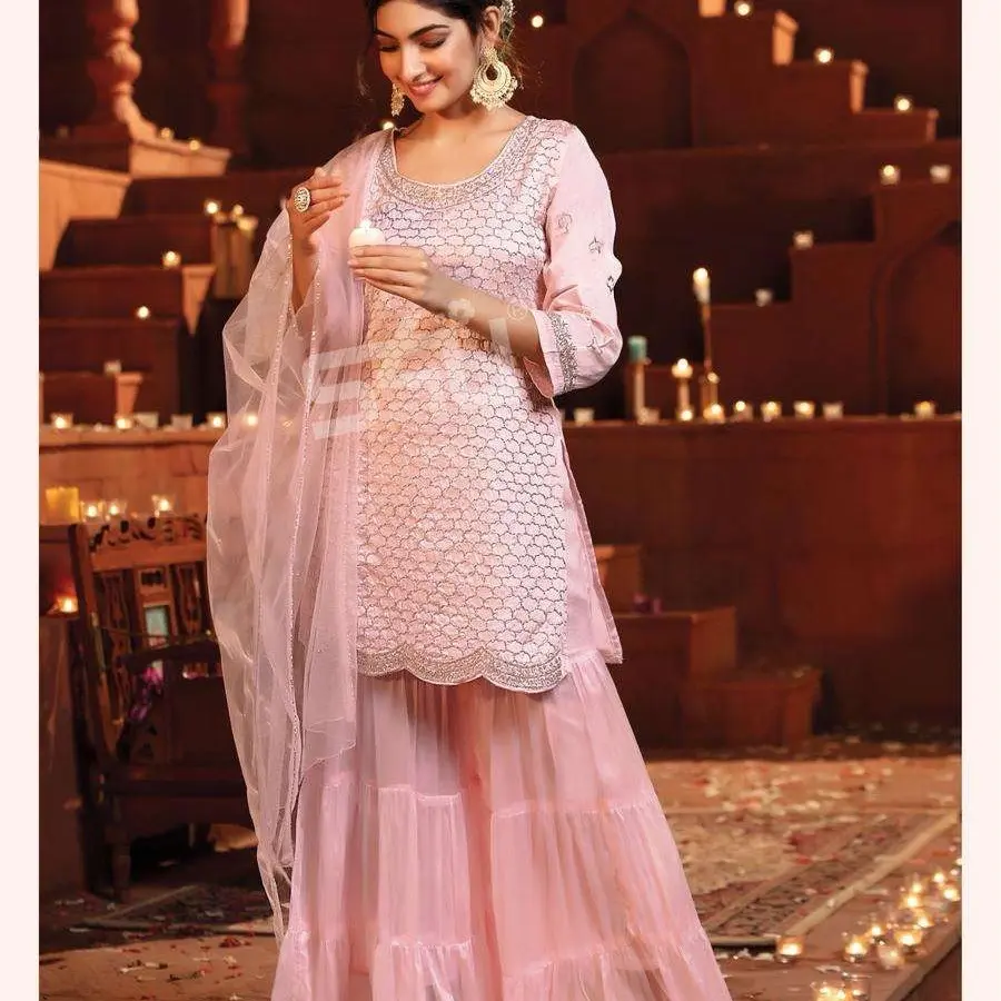 Georgette Exclusive Embroidery Readymade Sharara Suits - Beautiful Collection, heavy handmade embroidery.