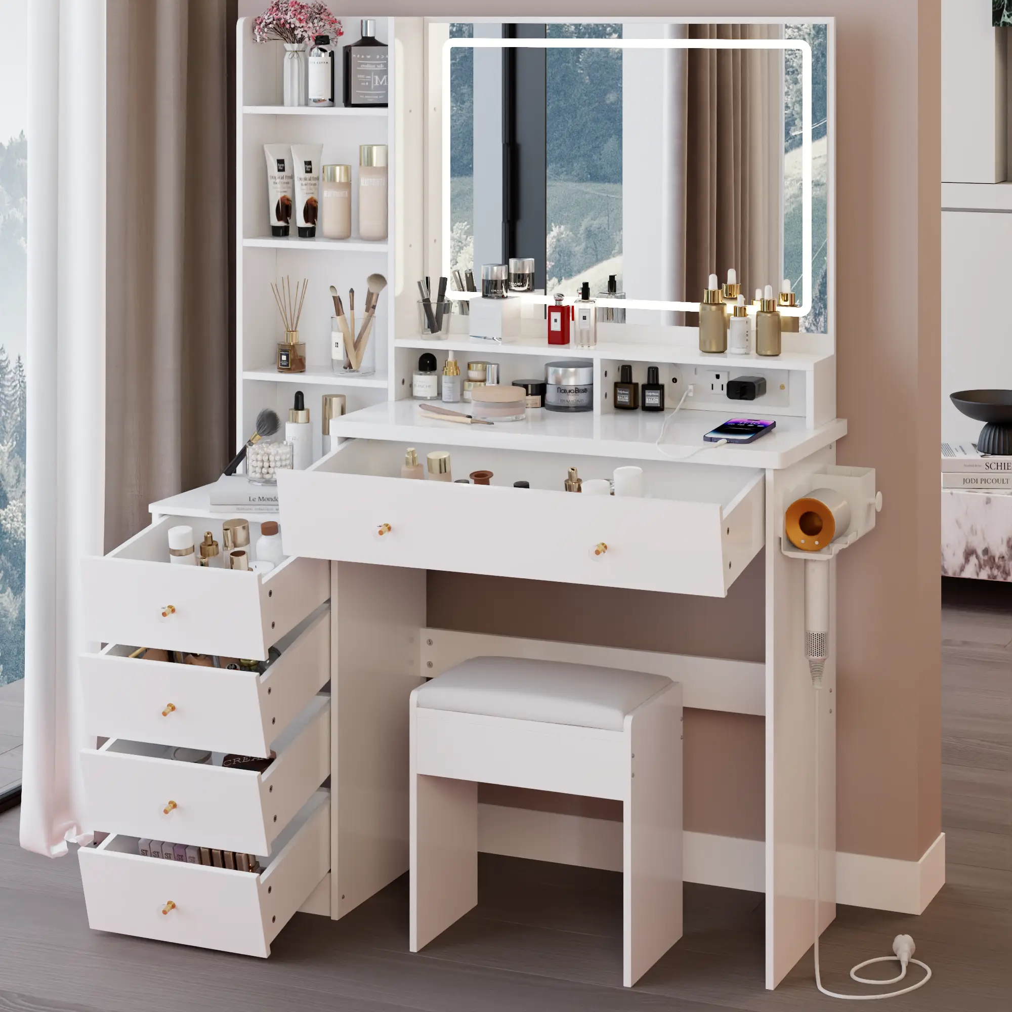 41" Vanity Table Set, Large Size Left Bedside Cabinet Vanity Table+Cushioned Stool Dresser Set, 2 AC+2 USB Power Station, Hair Dryer Stand, Extra Larg