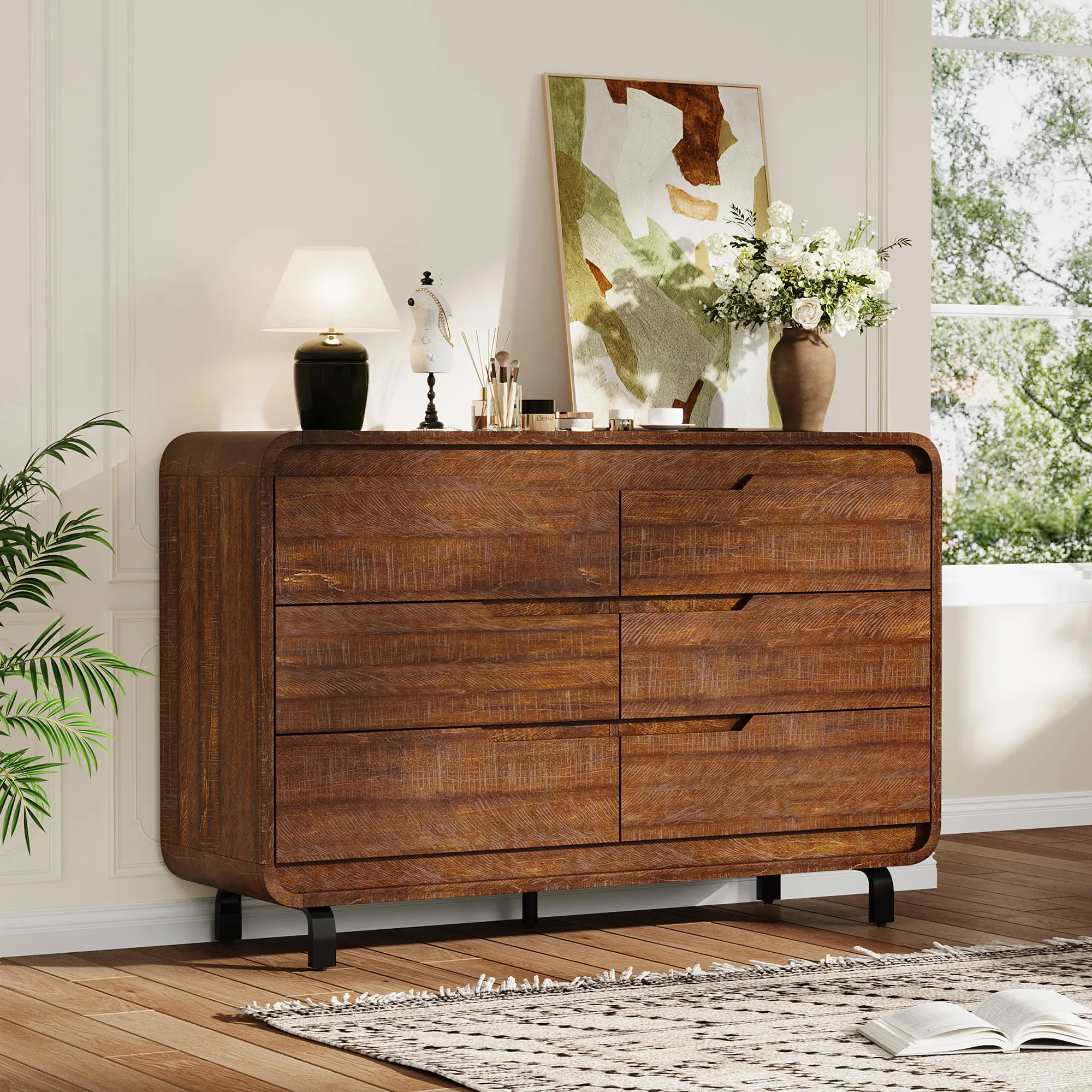 6 Drawers Dresser for Bedroom, 47" Wide Modern Wooden Clothes Dresser with Large Wood Storage, Chest of Drawers for Bedroom, Living Room, Hallway, Brown