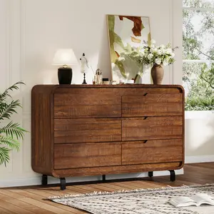 6 Drawers Dresser for Bedroom, 47" Wide Modern Wooden Clothes Dresser with Large Wood Storage, Chest of Drawers for Bedroom, Living Room, Hallway, Brown